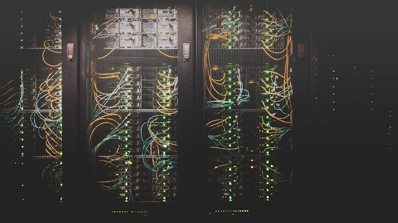 Corredor de servidores em um data center iluminado por luz fria